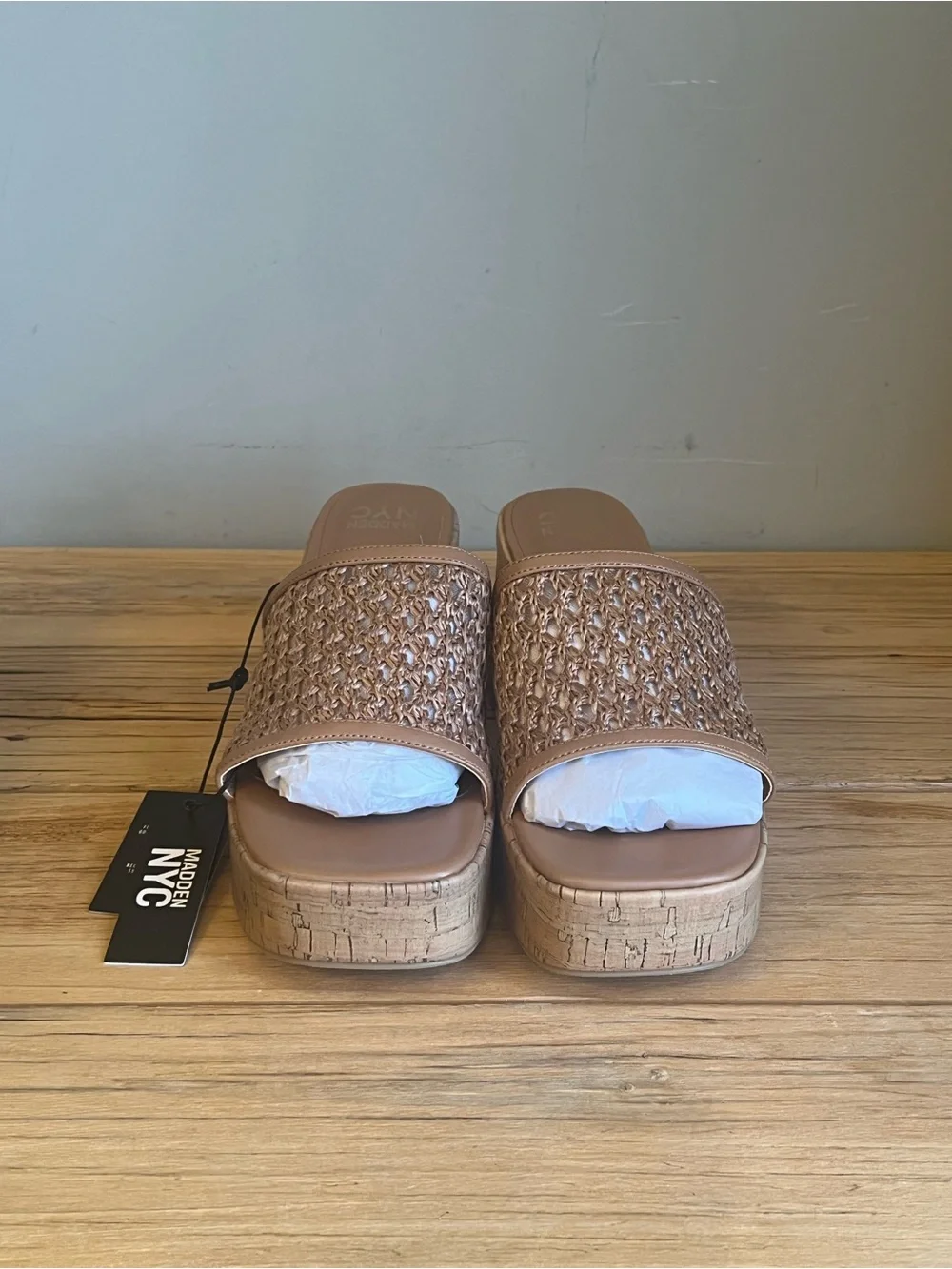 Madden NYC Tan Woven Platform Cork Slide Sandals-NIB